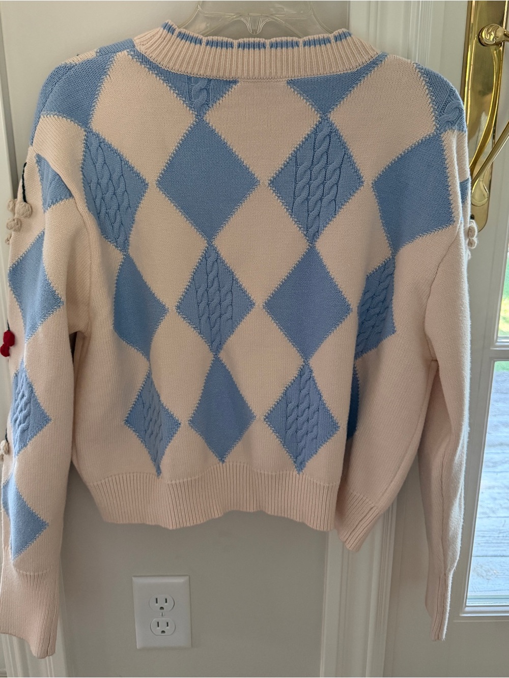 GREYLIN cardigan sweater with cherries and blue argyle pattern! So cute- Size M - Picture 2 of 6